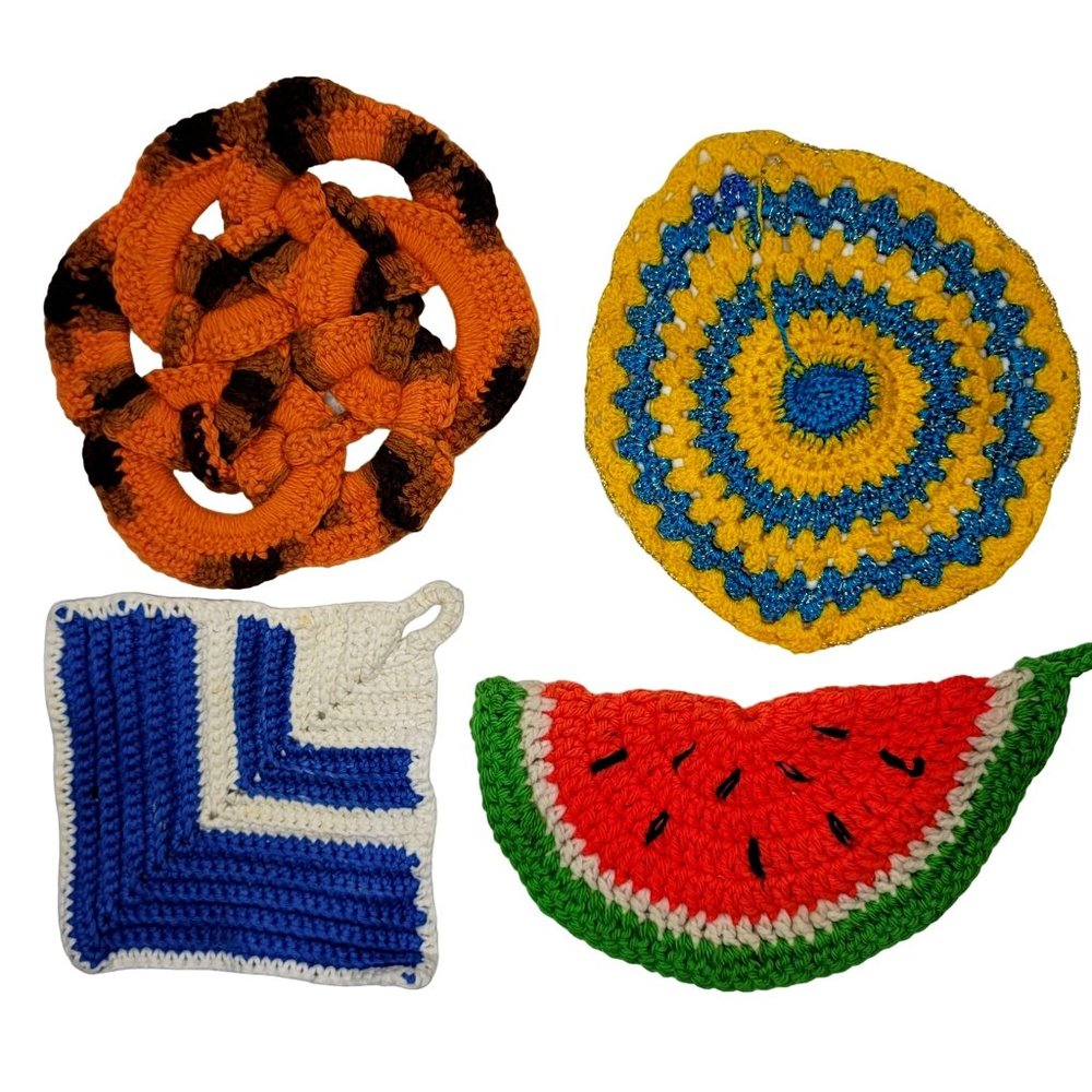 vintage hand made pot holder trivets. watermelon circle square woven